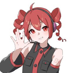 Rule 34 | 1girl, \||/, ahoge, black shirt, breast pocket, buttons, collared shirt, commentary, detached sleeves, drill hair, grin, hand up, head tilt, headphones, highres, kasane teto, looking at viewer, microphone, number tattoo, pocket, quraqura nemii, red eyes, red hair, shirt, shoulder tattoo, sleeveless, sleeveless shirt, smile, solo, tattoo, twin drills, upper body, utau, white background