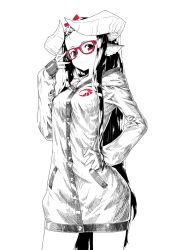 Rule 34 | 1girl, adjusting eyewear, animal ears, black hair, commentary request, glasses, hair ribbon, hand on own hip, highres, hood, hoodie, horned girl (jaco), horns, jaco, long hair, looking at viewer, monochrome, original, red-framed eyewear, red eyes, ribbon, simple background, sleeves past wrists, solo, spot color, very long hair, white background