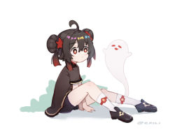 Rule 34 | 1girl, :d, black footwear, black hair, black shirt, black shorts, blouse, blush, closed mouth, commentary request, double bun, fang, flower-shaped pupils, genshin impact, ghost, gradient hair, hair between eyes, hair bun, highres, hu tao (genshin impact), knees up, ldd.ek, multicolored hair, open mouth, red eyes, red hair, shirt, shoes, short shorts, short sleeves, shorts, sidelocks, sitting, smile, socks, solo, symbol-shaped pupils, twintails, twitter username, white background, white socks