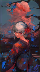 Rule 34 | 1girl, absurdres, bag, blue sky, bug, butterfly, cloud, facial mark, floral print, floral print kimono, flower, from behind, grey hair, hair flower, hair ornament, highres, holding, holding bag, insect, japanese clothes, kasumi yuzuha, kimono, looking at viewer, looking back, multiple torii, obi, original, outdoors, parted lips, red eyes, sash, sky, solo, torii