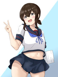 1girl absurdres anchor_symbol black_eyes black_hair black_sailor_collar black_skirt blue_neckerchief clipboard commentary_request cowboy_shot fubuki_(kancolle) fubuki_kai_ni_(kancolle) highres kantai_collection looking_at_viewer low_ponytail menodesu. navel neckerchief open_mouth pleated_skirt ponytail sailor_collar school_uniform serafuku short_ponytail sidelocks skirt smile solo two-tone_background v