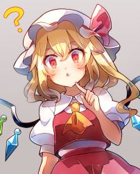 Rule 34 | 1girl, 60mai, :&lt;, ?, ascot, blonde hair, blush, commentary request, cowboy shot, crystal, finger to own chin, flandre scarlet, grey background, hair between eyes, hat, hat ribbon, index finger raised, long hair, looking at viewer, mob cap, one side up, parted lips, puffy short sleeves, puffy sleeves, red eyes, red ribbon, red skirt, red vest, ribbon, shirt, short sleeves, simple background, skirt, skirt set, solo, touhou, vest, white hat, white shirt, wings, yellow ascot