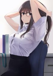 Rule 34 | 1girl, absurdres, adjusting hair, akito (d30n26), arms up, bad id, bad pixiv id, black skirt, blue eyes, bra, bra peek, breasts, brown hair, button gap, collared shirt, commentary request, glasses, high-waist skirt, highres, looking at viewer, mole, mole on arm, mole under eye, office lady, original, pencil skirt, shirt, shirt tucked in, short sleeves, sidelocks, sitting, skirt, solo, underwear, white shirt