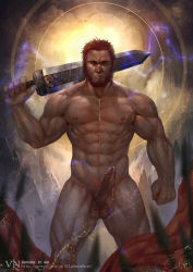 Rule 34 | 1boy, abs, bara, bare pectorals, beard, cloth, completely nude, cum, erection, facial hair, fate/grand order, fate/zero, fate (series), feet out of frame, floating, floating object, highres, iskandar (fate), large pectorals, lightning, looking at viewer, male focus, male pubic hair, manly, muscular, navel, nipples, nude, over shoulder, pectorals, penis, pubic hair, red eyes, red hair, short hair, solo, sword, sword over shoulder, testicles, thick thighs, thighs, uncensored, vian, weapon, weapon over shoulder