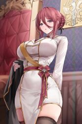 Rule 34 | 1girl, absurdres, braid, breasts, collared shirt, dress, highres, holding, holding clothes, large breasts, lillly, long hair, looking at viewer, medium hair, original, parted lips, pelvic curtain, purple eyes, red hair, shirt, solo, thighhighs, thighs, very long hair
