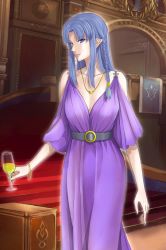 Rule 34 | 1girl, alcohol, blue eyes, blue hair, bracelet, braid, breasts, medea (fate), cup, dress, drinking glass, fate/grand order, fate (series), highres, jewelry, lipstick, long dress, long hair, looking at viewer, makeup, medium breasts, muumin (izumo5559696), necklace, pointy ears, purple dress, purple lips, side braid, solo, stairs, wine, wine glass