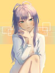 Rule 34 | 1girl, chinese commentary, collarbone, commentary request, expressionless, flat chest, green eyes, grey hair, hair rings, highres, knees up, lips, long sleeves, looking at viewer, luo tianyi, open clothes, open shirt, shirt, sitting, solo, sound wave, tangshishi, tsurime, upper body, vocaloid, vsinger, white shirt, yellow background