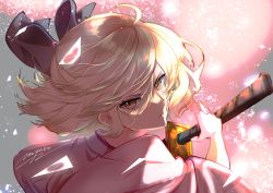 Rule 34 | 1girl, ahoge, black bow, bow, commentary request, expressionless, fate/grand order, fate/type redline, fate (series), fighting stance, hair between eyes, hair bow, highres, holding, holding sword, holding weapon, japanese clothes, katana, kimono, koha-ace, looking at viewer, miyaka (58305841), okita souji (fate), okita souji (koha-ace), parted lips, pink kimono, ready to draw, serious, shiny clothes, shiny skin, short hair, signature, solo, sword, upper body, weapon
