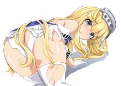 Rule 34 | 1girl, all fours, ass, blonde hair, blue eyes, blue shirt, commentary request, double bun, fletcher (kancolle), gloves, hair bun, hair ornament, hairband, highres, kantai collection, long hair, looking at viewer, looking back, off shoulder, panties, pleated skirt, sailor collar, school uniform, shiny skin, shirt, skirt, solo, star (symbol), star hair ornament, thighhighs, tk8d32, torn clothes, torn panties, torn shirt, torn thighhighs, underwear, white background, white gloves, white panties, white skirt, white thighhighs