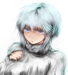 Rule 34 | 1girl, acryl, blue eyes, blue hair, breasts, large breasts, lips, matching hair/eyes, original, ribbed sweater, short hair, sketch, solo, sweater, upper body, white background