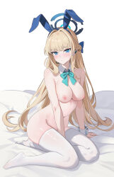 Rule 34 | 1girl, animal ears, bare shoulders, blonde hair, blue archive, blue eyes, bow, bowtie, breasts, detached collar, earpiece, full body, gyunzai, halo, highres, looking at viewer, medium breasts, microphone, navel, nipples, nude, rabbit ears, sitting, solo, stomach, thighhighs, toki (blue archive), toki (bunny) (blue archive), white thighhighs, wrist cuffs, yokozuwari