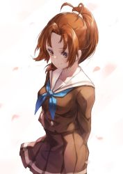 Rule 34 | 10s, 1girl, arms behind back, blue neckerchief, blush, breasts, brown hair, cherry blossoms, hibike! euphonium, large breasts, nakagawa natsuki, neckerchief, neo-masterpeacer, ponytail, school uniform, smile, solo, white background