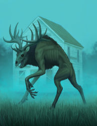 Rule 34 | absurdres, animal ears, antlers, artist request, black eyes, claws, creature, creature and personification, dane cozens, deer, deer antlers, deer ears, fangs, fangs out, fog, forest, furry, grass, highres, horns, house, monster, monsterification, nature, original, skinny, skull