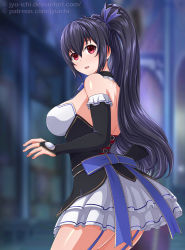 Rule 34 | 1girl, black hair, breasts, cleavage, dress, garter straps, hair ribbon, jyu ichi, large breasts, legs, long hair, looking at viewer, neptune (series), noire (neptunia), open mouth, red eyes, ribbon, sideboob, skirt, smile, solo, thighs, twintails