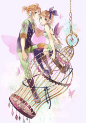 Rule 34 | 1boy, 1girl, aqua eyes, back, bare shoulders, birdcage, blonde hair, boots, bow, brother and sister, bug, butterfly, butterfly wings, cage, hair bow, hair ribbon, hairband, halterneck, headphones, high heels, insect, insect wings, kagamine len, kagamine rin, migikata no chou (vocaloid), nail polish, ribbon, sakuragi kei, shoes, short hair, short ponytail, shorts, siblings, sitting, sleeveless, thigh boots, thighhighs, twins, vest, vocaloid, wings