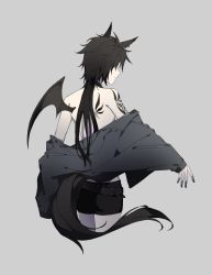 Rule 34 | 1girl, air shakur (umamusume), animal ears, arm tattoo, back, back tattoo, bare shoulders, belt, black hair, black jacket, black nails, black shorts, closed mouth, collar, cropped legs, demon wings, from behind, grey background, highres, horse ears, horse girl, horse tail, jacket, long hair, looking at viewer, nail polish, off shoulder, outstretched arm, rokumijio maru, short sleeves, shorts, sideways glance, simple background, single wing, solo, tail, tattoo, umamusume, wings, yellow eyes