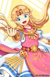 Rule 34 | 1girl, blonde hair, blue eyes, breasts, dress, hand up, happy, long hair, looking at viewer, nintendo, open mouth, pointy ears, pokey, princess zelda, smile, solo, symbol-only commentary, the legend of zelda, the legend of zelda: a link between worlds, tiara