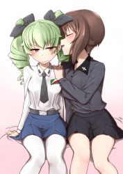 Rule 34 | 10s, 2girls, :d, anchovy (girls und panzer), annoyed, anzio school uniform, arm support, bare legs, bed, belt, black necktie, black skirt, blue skirt, blush, breasts, brown hair, closed eyes, closed mouth, commentary request, dress shirt, drill hair, emblem, female focus, frown, girls und panzer, green hair, grey shirt, half-closed eyes, hand on another&#039;s shoulder, highres, kuromorimine school uniform, large breasts, legs, light smile, long hair, long sleeves, looking at viewer, medium breasts, miniskirt, multiple girls, neck, necktie, nishizumi maho, on bed, open mouth, pantyhose, pleated skirt, red eyes, school uniform, shirt, short hair, shy, side-by-side, sitting, skirt, smile, tessa (pekopekochan), twin drills, twintails, whispering, white legwear, white shirt, yuri