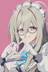 Rule 34 | 1girl, akane (blue archive), blue archive, glasses, halo, heart, heart hands, highres, looking at viewer, maid, maid headdress, pink background, projectorzero, shirt, simple background, solo, twitter, upper body, white shirt