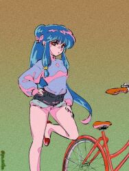 bicycle blue_hair double_bun hair_bun hair_ornament long_hair ranma_1/2 shampoo_(ranma_1/2) shirt shorts