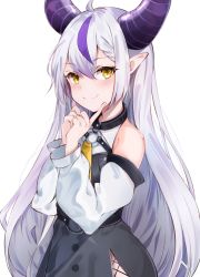 Rule 34 | 1girl, bare shoulders, black horns, closed mouth, commentary request, demon girl, demon horns, detached sleeves, hair between eyes, highres, hololive, horns, la+ darknesss, long hair, looking at viewer, multicolored hair, pointy ears, purple hair, runep, side slit, simple background, smile, solo, streaked hair, striped, striped horns, thighs, virtual youtuber, white background, white hair, yellow eyes