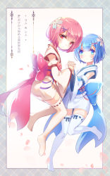 Rule 34 | 10s, 2girls, aged down, blue eyes, blue hair, blue ribbon, blush, border, closed mouth, detached sleeves, elliv, eyebrows, frills, from side, frown, full body, hair ornament, hair over one eye, hairclip, highres, holding hands, interlocked fingers, japanese clothes, kimono, looking at viewer, multiple girls, no shoes, obi, petals, pink hair, ram (re:zero), re:zero kara hajimeru isekai seikatsu, red eyes, red ribbon, rem (re:zero), ribbon, ribbon-trimmed thighhighs, ribbon trim, sash, short hair, short kimono, siblings, sisters, smile, thighhighs, twins, white background, white kimono, white legwear, x hair ornament