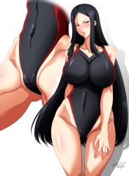Rule 34 | 1girl, black hair, blush, breasts, brown eyes, cameltoe, competition swimsuit, covered navel, dated, highleg, highleg swimsuit, highres, huge breasts, impossible clothes, impossible swimsuit, long hair, looking at viewer, multiple views, one-piece swimsuit, original, signature, solo, swimsuit, tatsuya (guild plus), thighs, white background