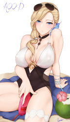 Rule 34 | 1girl, absurdres, arm support, azur lane, bare shoulders, between legs, black one-piece swimsuit, blonde hair, blue eyes, blue flower, blush, box, bracelet, breasts, breasts apart, casual one-piece swimsuit, character name, chinese commentary, closed mouth, coconut, collarbone, commentary request, covered erect nipples, covered navel, drinking straw, earrings, expressionless, eyewear on head, fingernails, flower, fruit cup, hair flower, hair ornament, hair over shoulder, hair tie, half-closed eyes, head tilt, heart-shaped box, hibiscus, highres, hood (azur lane), hood (lady of the shining sun) (azur lane), jewelry, large breasts, laserflip, long hair, looking at viewer, one-piece swimsuit, pink flower, see-through, signature, simple background, sitting, solo, sunglasses, swimsuit, thigh strap, thighs, white background
