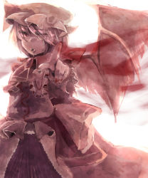 Rule 34 | 1girl, bad id, bad pixiv id, bat wings, female focus, foreshortening, hat, highres, kanosigu, monochrome, nail polish, outstretched arm, outstretched hand, pointing, red theme, remilia scarlet, short hair, solo, tears, touhou, vampire, wings