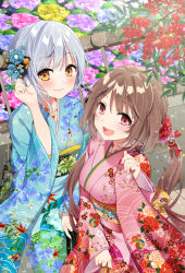 Rule 34 | 2girls, :d, berry, blue flower, blue kimono, blue nails, branch, breasts, brown hair, closed mouth, commentary request, floral print, flower, hair between eyes, hair flower, hair ornament, hatsumoude, highres, holding, japanese clothes, kimono, long hair, long sleeves, minamoto mamechichi, multiple girls, nail polish, nengajou, new year, obi, official art, open mouth, orange eyes, pinching sleeves, pink flower, pink nails, print kimono, purple flower, re:wing, red eyes, red flower, sash, silver hair, sleeves past wrists, small breasts, smile, takazora ui, teeth, upper teeth only, very long hair, washio rena, wide sleeves, yellow flower