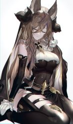 Rule 34 | 1girl, animal ears, black dress, black thighhighs, blue hair, breasts, brown hair, closed eyes, detached sleeves, dress, extra ears, frilled sleeves, frills, galleon (granblue fantasy), gloves, granblue fantasy, hair between eyes, hand on own cheek, hand on own face, highres, holster, horns, large breasts, light smile, multicolored hair, pointy ears, rilmok, seiza, sitting, sleeveless, sleeveless dress, streaked hair, thigh holster, thigh strap, thighhighs, wariza, white background, white gloves
