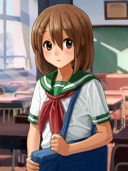 Rule 34 | alternate costume, bag, blush, brown eyes, brown hair, chair, chalkboard, classroom, closed mouth, commentary request, desk, green sailor collar, hair between eyes, hair ornament, hairclip, highres, hirasawa yui, holding, holding bag, indoors, k-on!, kotatsumuri (yaugau), looking at viewer, microsoft windows, red ribbon, ribbon, sailor collar, school bag, school chair, school desk, school uniform, serafuku, short hair, short sleeves, solo, upper body