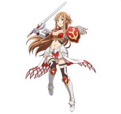 Rule 34 | 10s, 1girl, armor, armored boots, asuna (sao), bikini armor, black thighhighs, boots, breasts, brown eyes, brown hair, cleavage, floating hair, full body, gauntlets, holding, holding sword, holding weapon, knee boots, long hair, looking at viewer, medium breasts, miniskirt, navel, parted lips, shield, simple background, skirt, solo, standing, stomach, sword, sword art online, thigh strap, thighhighs, very long hair, weapon, white background