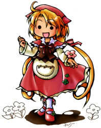 Rule 34 | 1girl, :d, ahoge, apron, bandana, blonde hair, corset, dress, flower, fuju, holding, looking at viewer, lowres, open mouth, polka, polka (trusty bell), red dress, smile, solo, trusty bell, twintails, waist apron