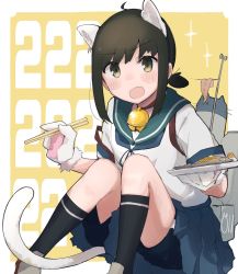 Rule 34 | 1girl, animal ears, animal hands, bell, black hair, brown eyes, cat ears, cat paws, cat tail, chopsticks, fang, fish, fubuki (kancolle), highres, kantai collection, low ponytail, ma rukan, mittens, neck bell, open mouth, pants, pants under skirt, ponytail, rigging, saury, school uniform, skin fang, skirt, solo, tail