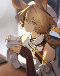 Rule 34 | 1girl, animal ears, arknights, bare shoulders, black gloves, blonde hair, coffee mug, crossed bangs, cup, distr, dorothy (arknights), elbow gloves, fingerless gloves, gloves, hair between eyes, hat, highres, holding, holding cup, jacket, long hair, long sleeves, mouse ears, mouse girl, mug, open clothes, open jacket, shirt, single elbow glove, sitting, sleeveless, sleeveless shirt, solo, table, upper body, white hat, white jacket, white shirt, yellow eyes