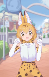 Rule 34 | 1girl, absurdres, animal ear fluff, animal ears, bare shoulders, blonde hair, blush, bow, bowtie, cat ears, cat girl, cowboy shot, elbow gloves, fuliowo, gloves, hair between eyes, high-waist skirt, highres, kemono friends, looking at viewer, open mouth, print bow, print bowtie, print gloves, print skirt, serval (kemono friends), serval print, shirt, short hair, skirt, sleeveless, smile, solo, white gloves, white shirt, yellow eyes