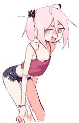 Rule 34 | 1girl, :d, absurdres, ahoge, bracelet, breasts, camisole, crop top, cropped legs, dolphin shorts, eds, hair between eyes, hair ornament, happy (eds), highres, hikimayu, jewelry, leaning forward, no bra, open mouth, original, pink eyes, pink hair, rabbit hair ornament, ringed eyes, short shorts, shorts, simple background, small breasts, smile, solo, twintails, white background