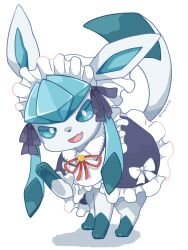 Rule 34 | aqua eyes, artist name, black ribbon, capelet, clothed pokemon, creatures (company), fang, frilled capelet, frills, game freak, gen 4 pokemon, glaceon, glaceon (tea party), hand up, kana (maple926), maid headdress, nintendo, no humans, open mouth, pokemon, pokemon (creature), pokemon unite, red ribbon, ribbon, skin fang, smile, twitter username, white background, white ribbon, wing collar