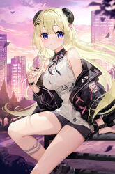 Rule 34 | 1girl, ahoge, bare shoulders, black jacket, blonde hair, blue eyes, blush, closed mouth, floating hair, flower, fuumi (radial engine), grey footwear, grey shorts, hair flower, hair ornament, highres, holding, holding hair, hololive, horns, jacket, legs, long hair, long sleeves, looking at viewer, off shoulder, open clothes, open jacket, pink nails, sheep girl, sheep horns, shoes, short shorts, shorts, sitting, sleeveless, sleeveless sweater, smile, solo, sweater, thigh strap, thighs, tsunomaki watame, very long hair, virtual youtuber, white sweater, x hair ornament