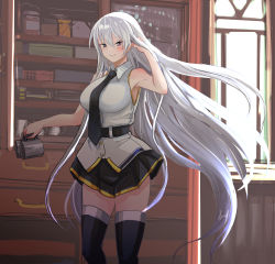 Rule 34 | 1girl, arms behind back, azur lane, belt, bird, black belt, black necktie, black thighhighs, breasts, cloud, cloudy sky, collared shirt, cup, cupboard, eagle, enterprise (azur lane), feet out of frame, hat, hey taisyou, highres, holding, holding cup, indoors, large breasts, long hair, miniskirt, necktie, purple eyes, shirt, silver hair, skirt, sky, sleeveless, sleeveless shirt, smile, solo, thighhighs, underbust, window
