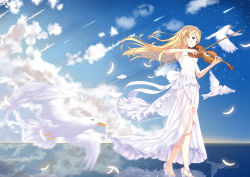 Rule 34 | 10s, 1girl, bird, blonde hair, blue eyes, bow (music), breasts, dress, closed eyes, feathers, floating hair, flower, full body, hair flower, hair ornament, high heels, highres, horizon, instrument, kai (lolicc), long hair, meteor shower, miyazono kawori, music, parted lips, playing instrument, ripples, shigatsu wa kimi no uso, shoes, shooting star, small breasts, solo, standing, standing on liquid, toeless footwear, violin, white dress