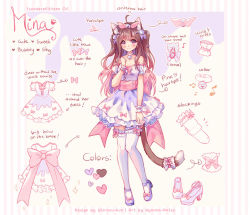 Rule 34 | 1girl, ahoge, animal ears, arrow (symbol), artist name, bare shoulders, beamed quavers, bell, blush, borrowed character, bow, breasts, bridal garter, brown hair, cat ears, cat tail, choker, closed mouth, collarbone, commission, dress, english text, frilled dress, frills, full body, hair bell, hair bow, hair ornament, hairclip, hand on own chest, heart, hyanna-natsu, jingle bell, layered dress, long hair, looking at viewer, musical note, off-shoulder dress, off shoulder, original, pink bow, pink eyes, puffy short sleeves, puffy sleeves, purple footwear, quaver, sash, shoes, short sleeves, small breasts, smile, solo, sparkle, striped, tail, tail bow, tail ornament, thighhighs, two side up, vertical stripes, white choker, wrist cuffs, yellow background, zettai ryouiki