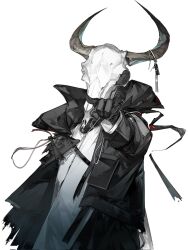 Rule 34 | ambiguous gender, animal skull, arknights, covered face, doctor, doctor (arknights), dongsheng, highres, hood, jewelry, necklace, solo, tagme, unworn jewelry, unworn necklace, white background