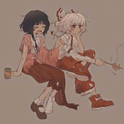 Rule 34 | 2girls, :d, alternate hair length, alternate hairstyle, arm strap, arm support, black hair, bobby socks, boots, bow, bruise, can, closed eyes, closed mouth, commentary request, drink can, expressionless, eyeball, fujiwara no mokou, full body, grey background, highres, houraisan kaguya, injury, invisible chair, long sleeves, messy hair, multiple girls, open mouth, pants, pink shirt, ppire (glaceppire), red bow, red eyes, red footwear, red pants, red skirt, severed finger, shirt, shoes, short hair, simple background, single shoe, sitting, skewer, skirt, smile, socks, soda can, suspenders, torn clothes, torn shirt, torn skirt, torn sleeves, touhou, white bow, white hair, white shirt, white socks, wide sleeves