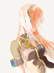 Rule 34 | 1girl, armband, black shirt, blue eyes, brooch, commentary, gold trim, headphones, highres, jewelry, lips, long hair, looking away, megurine luka, pink hair, satomatoma, shirt, short sleeves, sidelighting, solo, upper body, vocaloid