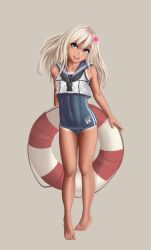 Rule 34 | 10s, 1girl, barefoot, blonde hair, blue eyes, blush, brown background, collarbone, crop top, flower, full body, hair flower, hair ornament, head tilt, highres, kantai collection, lifebuoy, long hair, looking at viewer, one-piece swimsuit, one-piece tan, open mouth, ro-500 (kancolle), sailor collar, school swimsuit, school uniform, serafuku, simple background, smile, solo, standing, swim ring, swimsuit, swimsuit under clothes, tan, tanline, yamaneko (tkdrumsco)