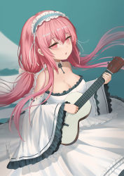 Rule 34 | 1girl, absurdres, aqua background, azur lane, breasts, cleavage, dress, guitar, hairband, highres, holding, instrument, jiantai, long hair, looking at viewer, medium breasts, open mouth, perseus (azur lane), pink eyes, pink hair, solo, white dress