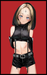 Rule 34 | 1girl, absurdres, arms behind back, bare shoulders, belt, black border, black shorts, blonde hair, blue eyes, blush, border, closed mouth, cowboy shot, cropped hoodie, cross, cross necklace, detached sleeves, gishiki (gshk), head tilt, highres, hood, hood up, hoodie, jewelry, latin cross, looking at viewer, medium hair, midriff, navel, necklace, original, red background, shorts, simple background, solo, studded belt, zipper pull tab