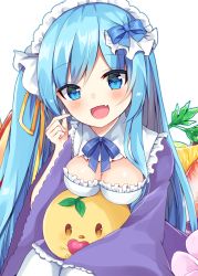 Rule 34 | 1girl, :d, blue bow, blue eyes, blue hair, blush, bow, breasts, cleavage, commentary request, fang, hair bow, hand up, japanese clothes, kimono, long hair, long sleeves, maid, maid headdress, maki soutoki, medium breasts, open mouth, original, pantyhose, purple kimono, sitting, sleeves past wrists, smile, solo, very long hair, wa maid, white background, white pantyhose, wide sleeves